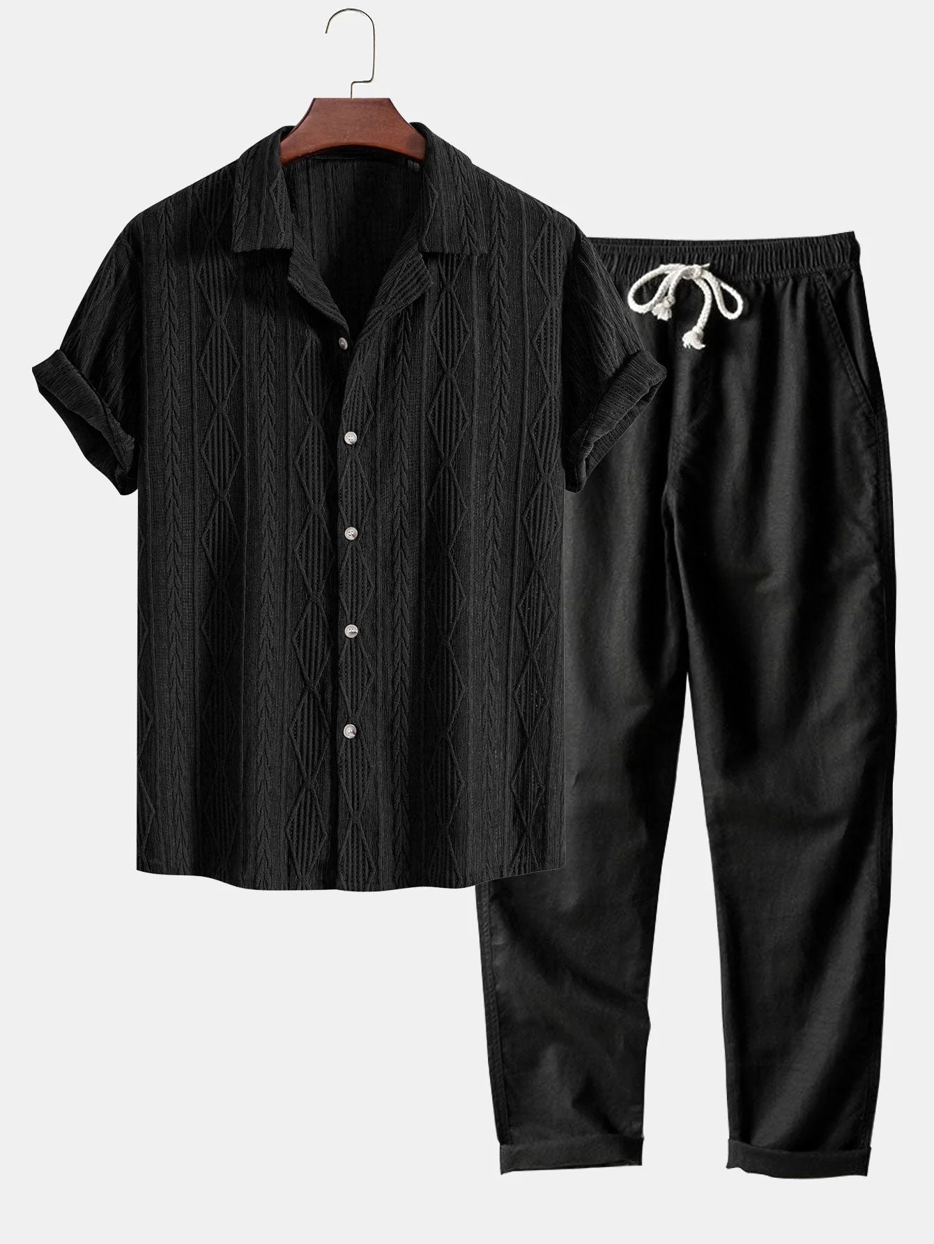 Ademar® | Geometric Jacquard Cuban Shirt & Straight Leg Linen Pants - Image 3